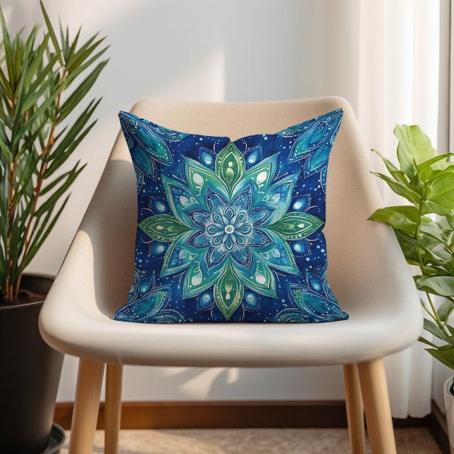 Almofada Marinho Verde Turquoise Mandela Boho (Navy Green Turquoise Mandela Boho Throw Pillow)
