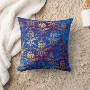 Almofada Marinho Vintage Elegante Dourado Damask Azul
