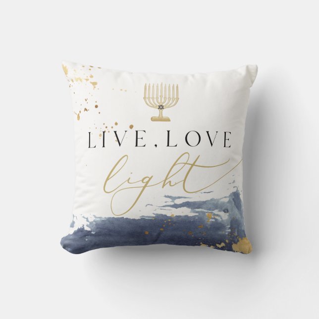 Almofada Marinho Watercolor Menorah Live Love Hanukkah (Frente)