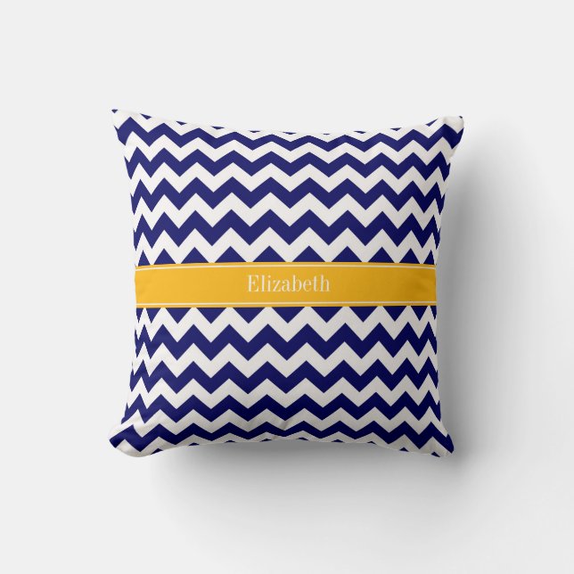Almofada Marinho White Chevron ZigZag Nome Goldenrod Monogr (Frente)