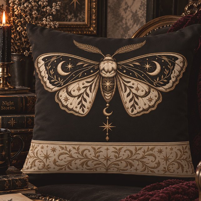 Almofada Mariposa Celestial Botânica Preta e Dourada (Criador carregado)