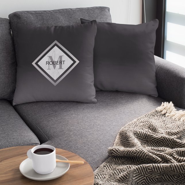 Almofada Mármaco de prata preto monograma geométrico (Criador carregado)
