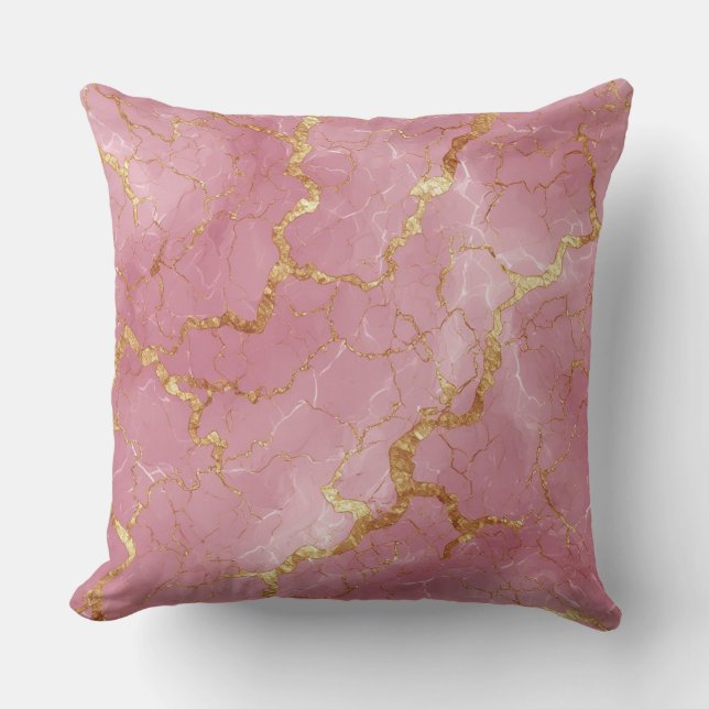Almofada Mármore Abstrato Rosa Suave com Dourado Brilhante (Frente)