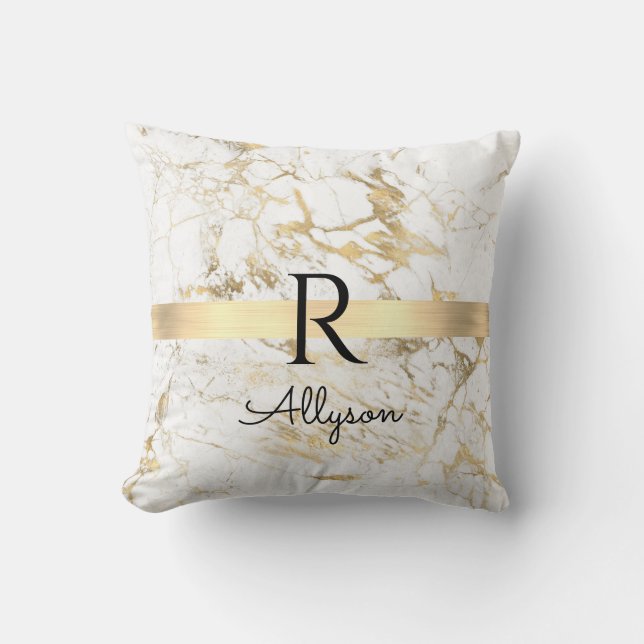 Almofada Mármore Branco & Dourado Barra Dourada, DIY Monogr (Frente)