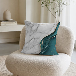Almofada Mármore Branco Moderno com Verde Teal Escuro e Dou