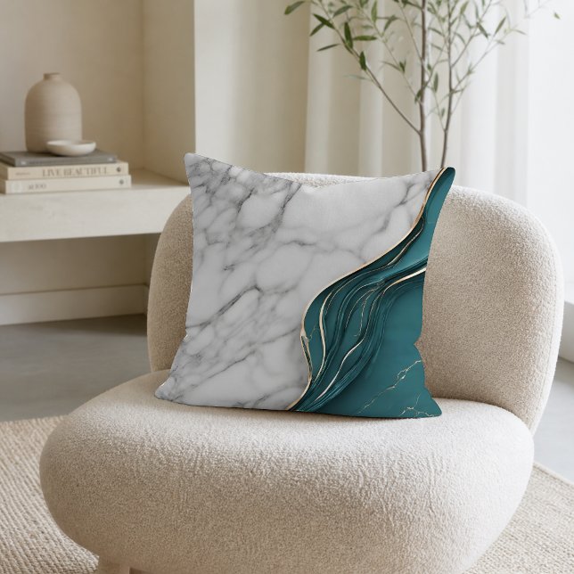 Almofada Mármore Branco Moderno com Verde Teal Escuro e Dou (Criador carregado)