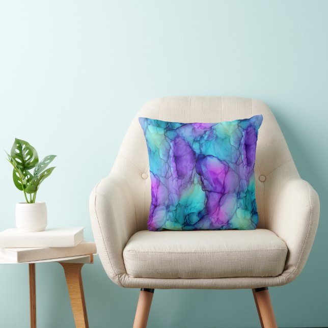 Almofada Mármore de Aquarela Azul Teal e Roxo (Cadeira)