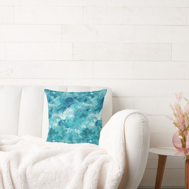 Almofada Mármore de Aquarela Azul Teal Turquesa com Luz Gir (Sofá)