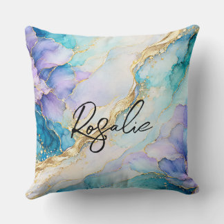 Almofada Mármore Floral Abstrato Azul Turquesa Roxo Dourado