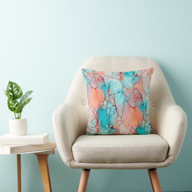 Almofada Mármore Fluido Azul Turquesa e Laranja Coral (Cadeira)