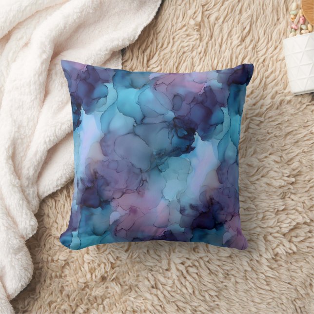 Almofada Mármore Fluido de Aquarela Azul Turquesa e Roxo (Cobertor)