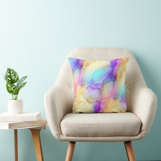 Almofada Mármore Fluido Pastel Arco-íris Turquesa Roxo e Am (Cadeira)