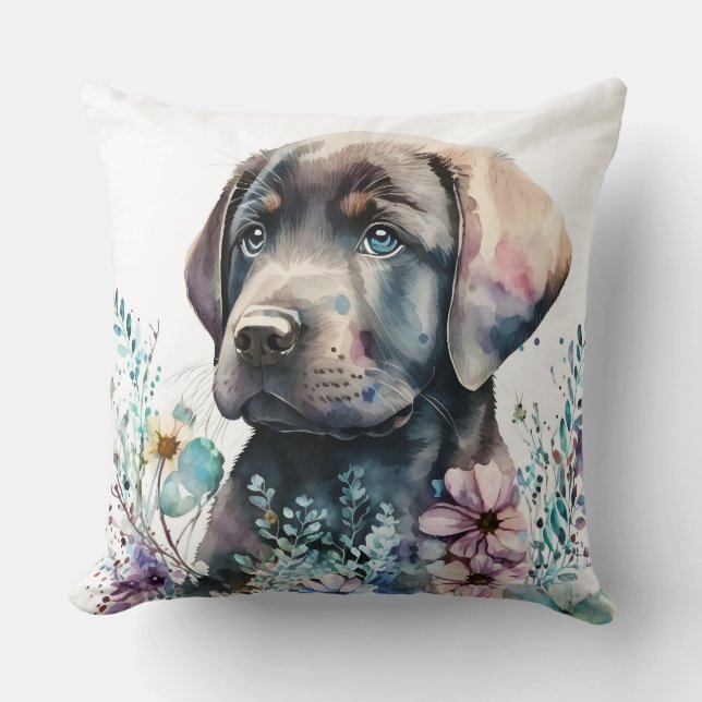 Almofada Marrom-aquarela Labrador Retriever e Flores (Frente)