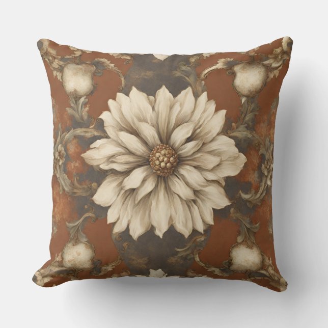 Almofada Marrom Ferrugem Creme Barroco Floral (Frente)