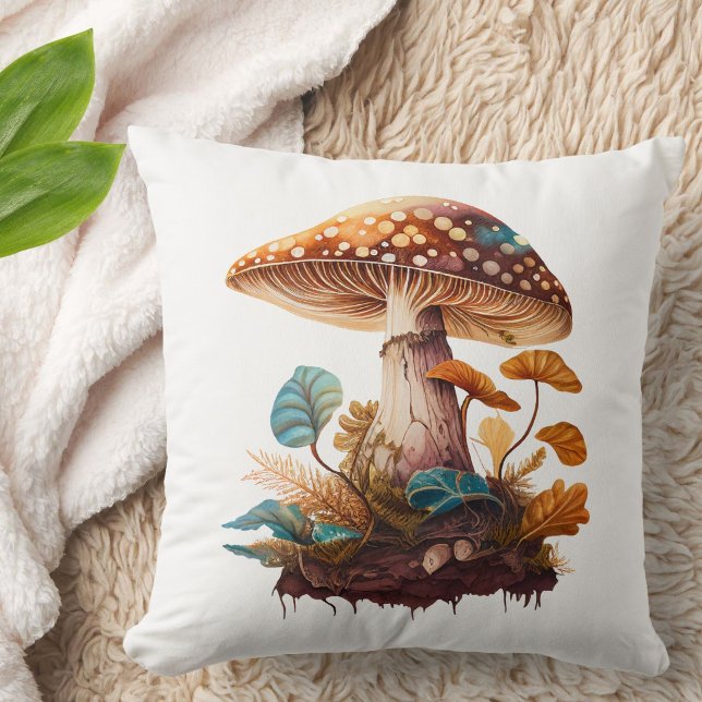 Almofada Marrom Verde Neutros Floresta Cogumelo Fofo Rústic (A cute mushroom pillow for your rustic country home or city abode, in tones of gold, brown + blue.)