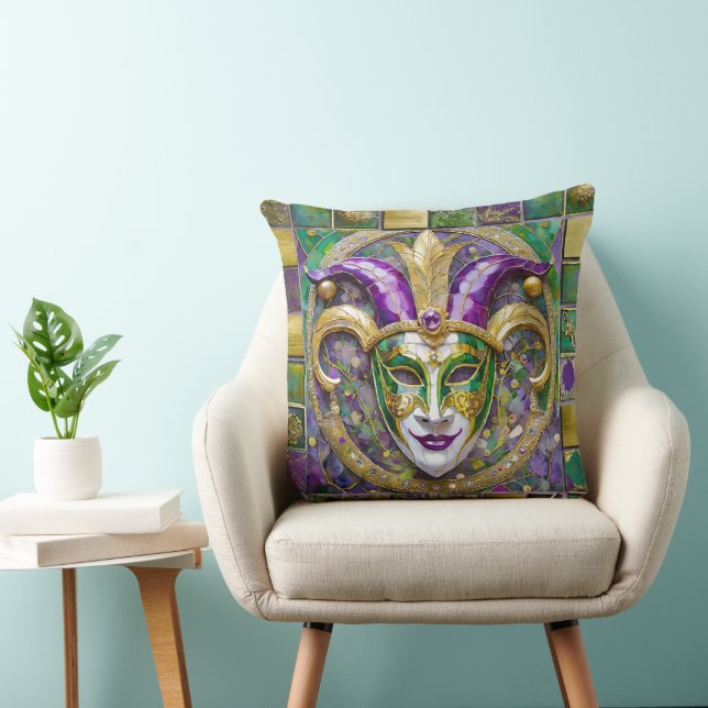 Almofada Máscara de Jester Mardi Gras Roxo Verde Dourado (Cadeira)