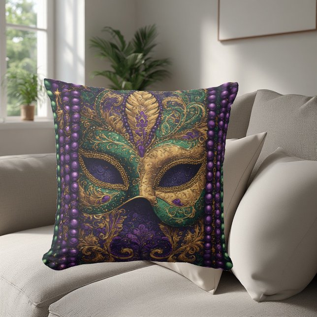 Almofada Máscara de Máscaras de Mardi gras Dourada Fleur-de (Mardi gras Masquerade Mask Gold Bead Fleur-de-Lis Throw Pillow)