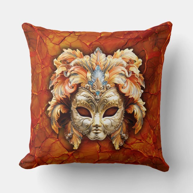 Almofada Máscara de ornamentado com Penas Laranja no Fundo  (Frente)