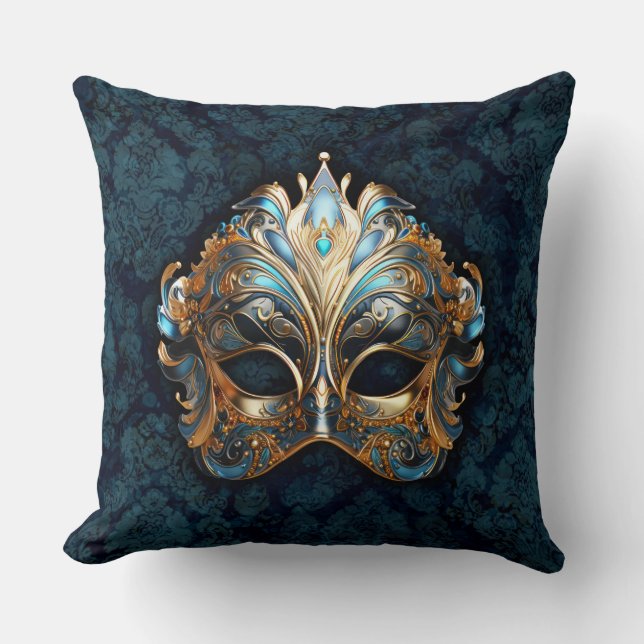 Almofada Máscara Intricada Teal e Dourada (Frente)