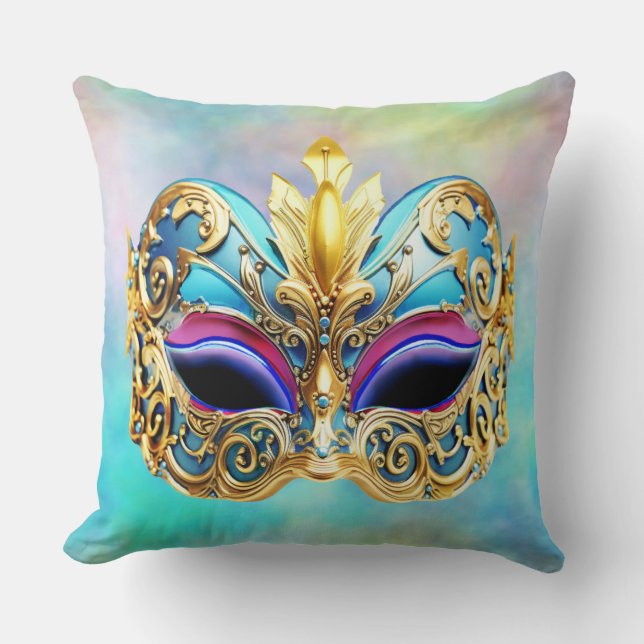 Almofada Máscara Venectiana refinada em um fundo colorido (Frente)