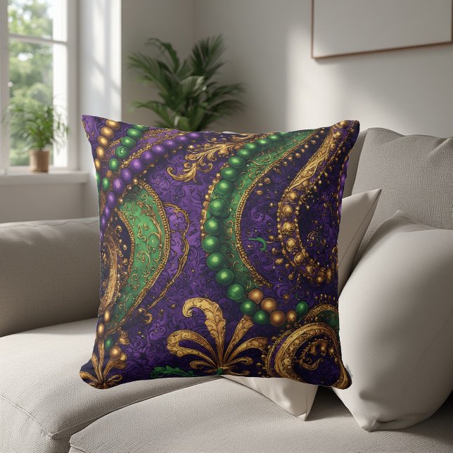 Almofada Máscaras de Mascarada Ornamentadas, Contas Dourada (Ornate Masquerade Masks, Gold Beads, Fleur-de-Lis Throw Pillow)