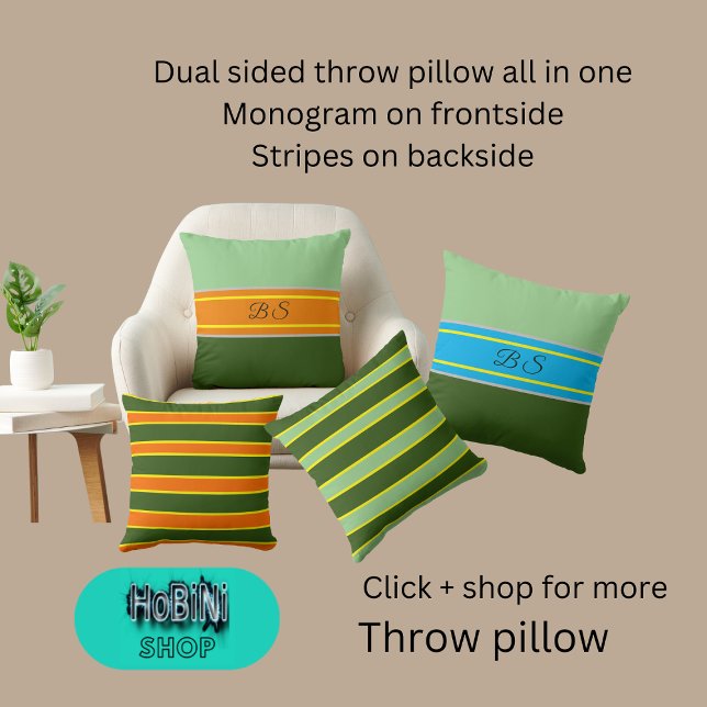 Almofada matizes verdes de sábado, tiras monográficas de do (Dual sided throw pillow all in one
Monogram on frontside
Stripes on backside)