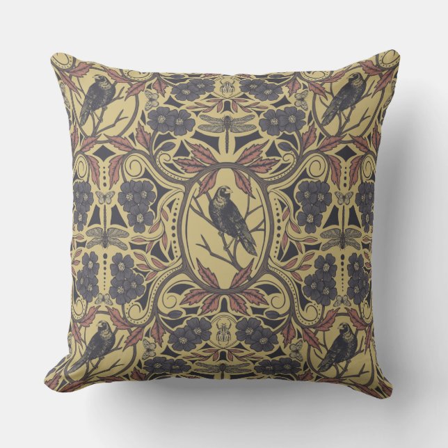 Almofada Mauve, Tan & Cinza Crow & Dragonfly Floral (Frente)