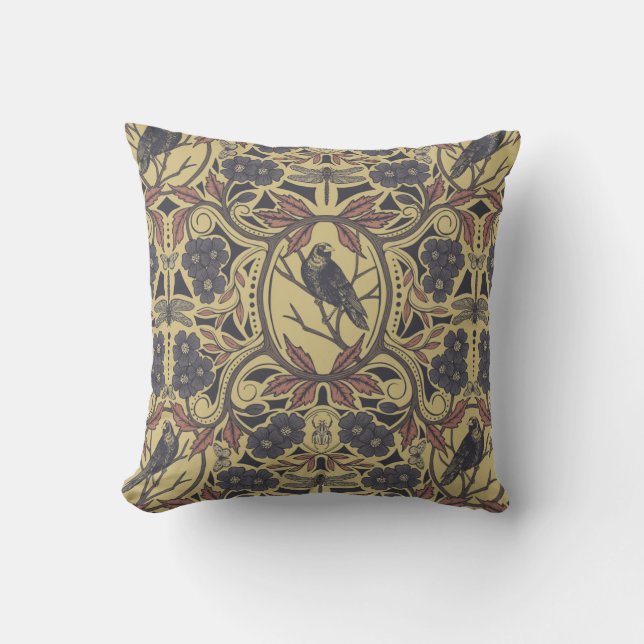 Almofada Mauve, Tan & Cinza Crow & Dragonfly Floral (Frente)