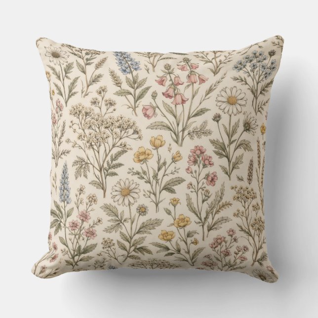 Almofada Meadow Botanica – Flor Silvestre Vintage (Frente)
