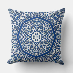 Almofada Medalhão no Padrão de Azulejo Persa - Azul e Branc