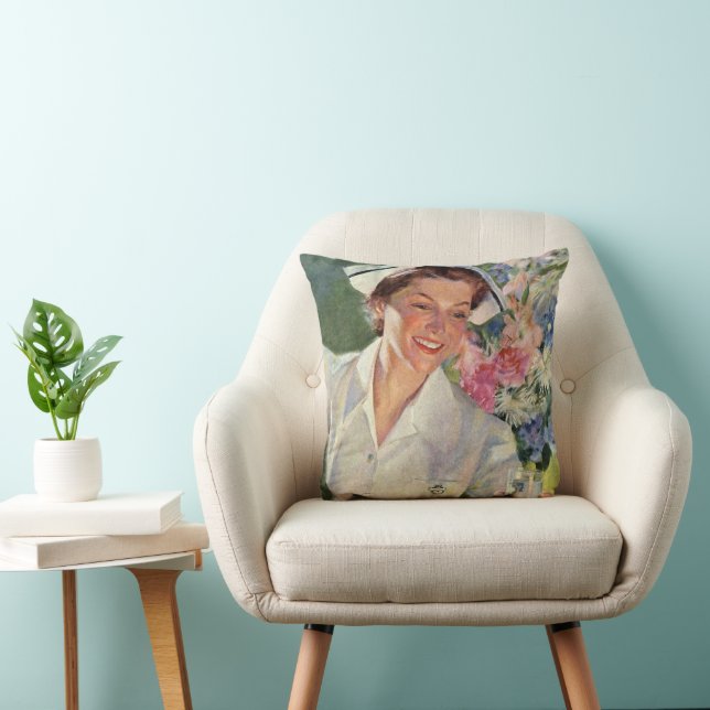 Almofada Medicina Vintage, Enfermeira Feliz em Uniforme (Cadeira)