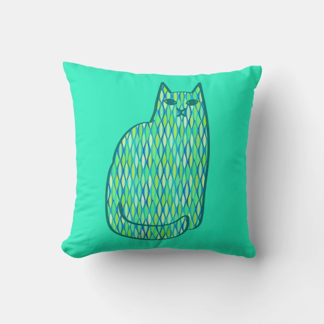 Almofada Médio-século Moderno Gato, Casa da Moeda e Verde l (Frente)