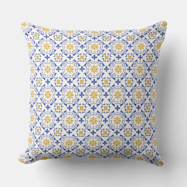 Almofada Mediterranean Blue & Yellow Tile Throw Pillow (Frente)