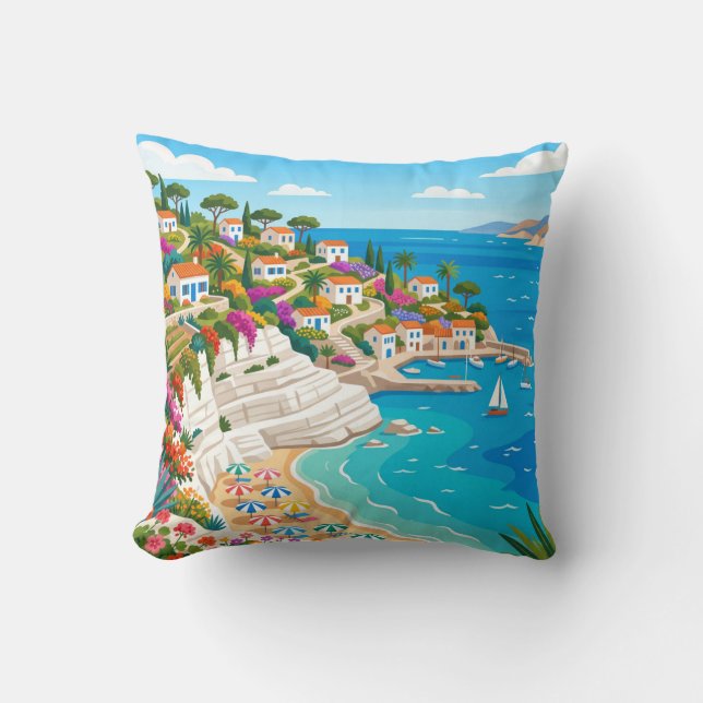 Almofada Mediterranean Coastal Village Beach Throw Pillow (Frente)