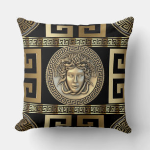 Almofada Medusa Dourada Chave Grega da Vida 