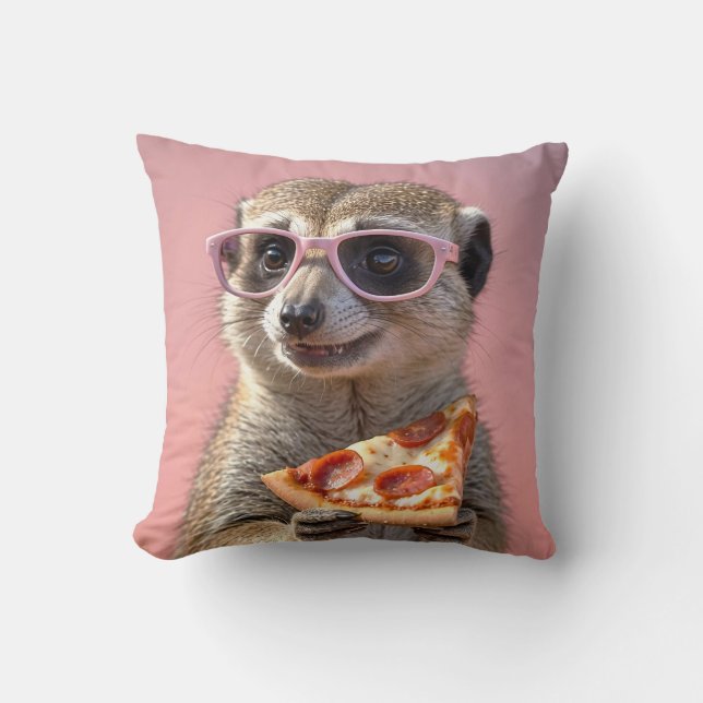 Almofada Meerkat bonito com óculos e pizza (Frente)