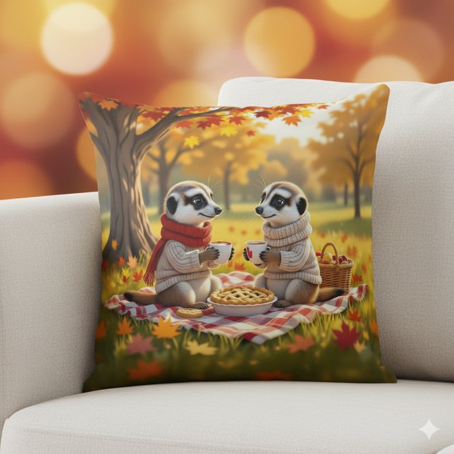 Almofada Meerkats bonitos no outono em um piquenique (Meerkats in Autumn Attire Throw Pillow Cover Photo)