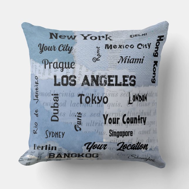 Almofada mega cidades do mundo com febre do bebê azul-rústi (Frente)