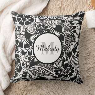 Almofada mehndi floral preto moderno e elegante