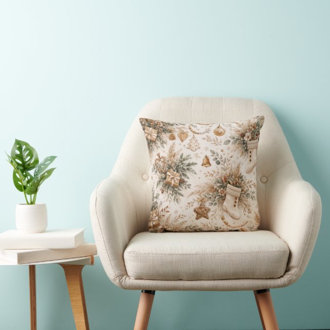 Almofada Meia de Natal Boho Neutra com Padrão Floral (Cadeira)