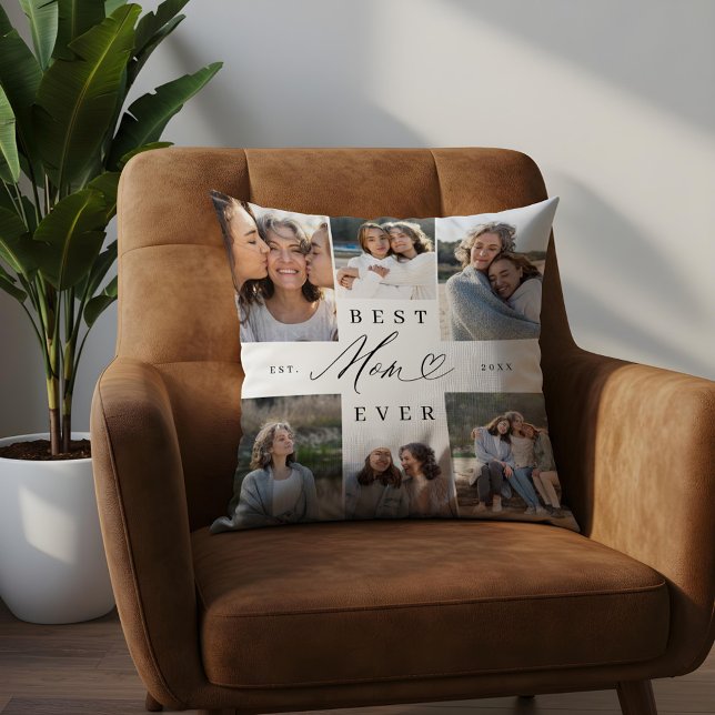 Almofada Melhor Colagem de Fotos do Coração de Script Elega (Best Mom Ever Elegant Script Heart Photo Collage Throw Pillow)