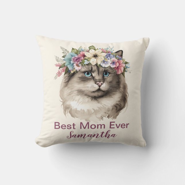 Almofada Melhor Mãe Alguma Vez Monograma Nome Aquarela Gato (Frente)