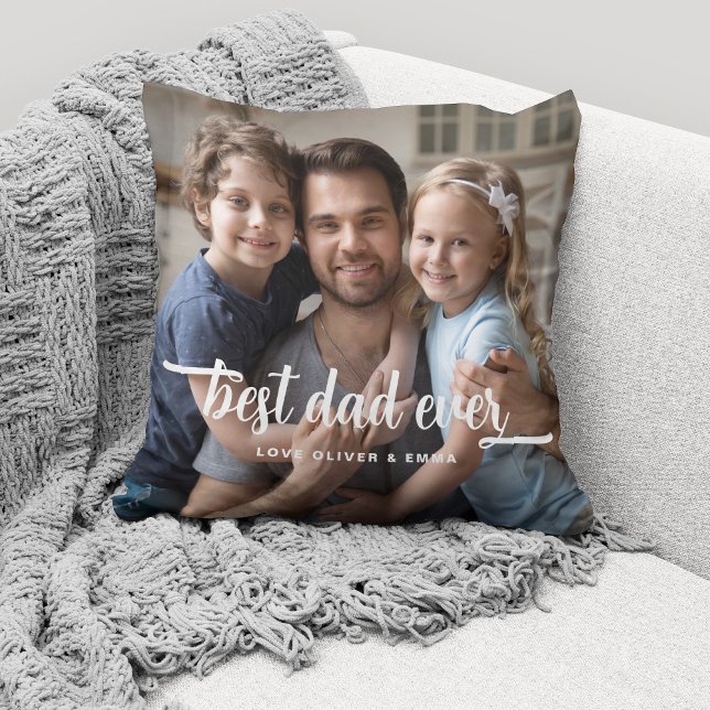 Almofada Melhor Pai de Todos Script Foto Dia dos Pais (Cute custom photo throw pillow for the Best Dad Ever.)