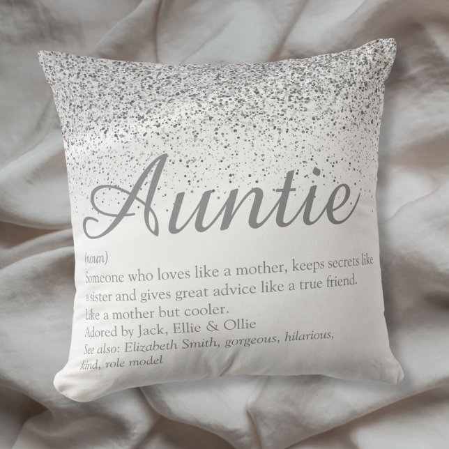 Almofada Melhor Tia de Todos os Tempos com Brilho de Prata  (Silver Glitter Best Ever Auntie Aunt Definition Throw Pillow)