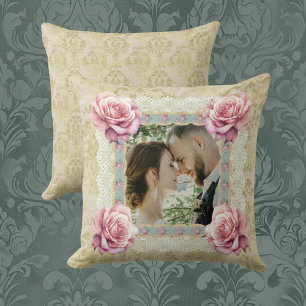 Almofada Memória de Foto de Rosas de Renda Damask Desbotada