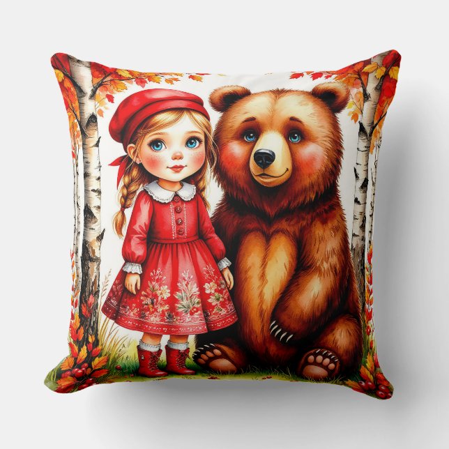Almofada Menina Adorável e Urso em Floresta Caprichosa (Frente)