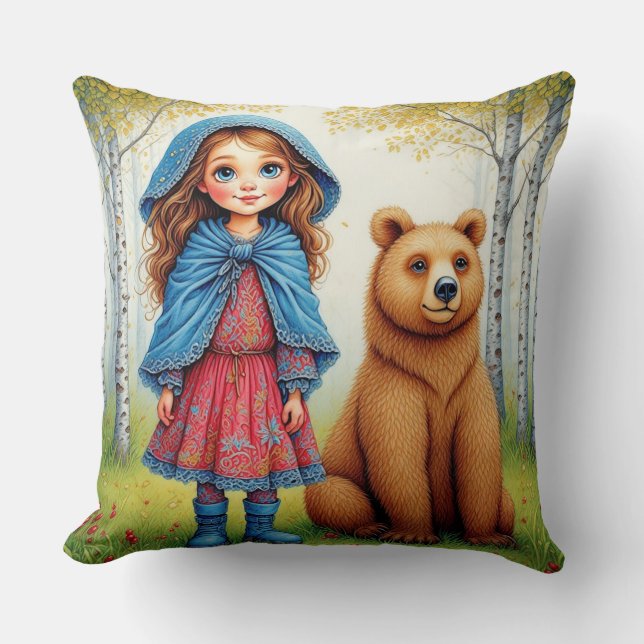 Almofada Menina Adorável e Urso em Floresta Caprichosa (Frente)