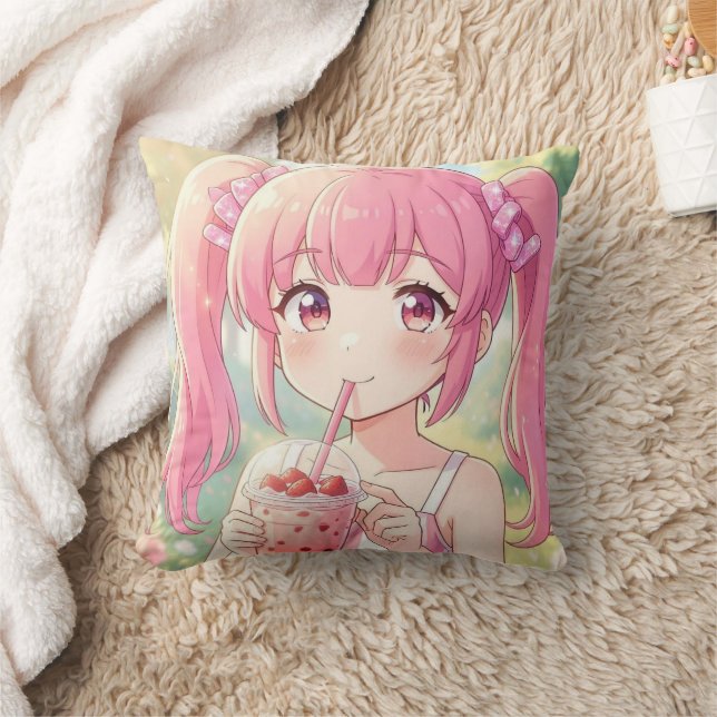 Almofada Menina Anime Fofa de Rosa Bebendo Chá de Bolhas (Cobertor)