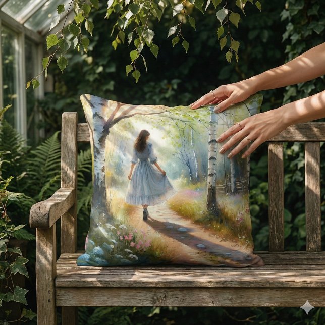 Almofada Menina Caprichosa Dançando Através da Floresta de  (Whimsical Girl Dancing Through Birch Forest Throw Pillow Mockup A)