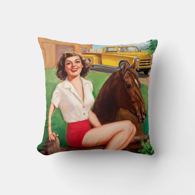 Almofada Menina & cavalo de fazenda retro das MENINAS MÁS (Frente)